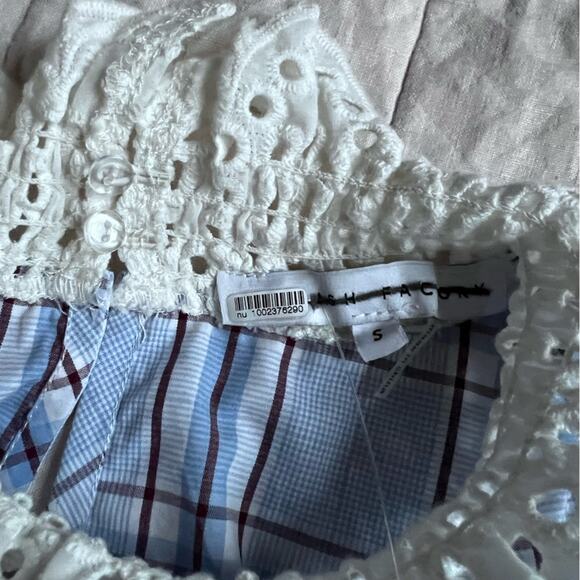 English Factory White Eyelet Ruffle Blue Plaid Poplin Long Sleeve Blouse - Small - Picture 3 of 8